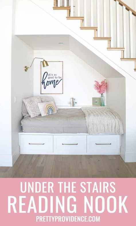 Under Stairs Ideas Reading Nook, Understairs Reading Nook Ideas, Reading Book Under Stairs, Under The Stairs Book Nook, Book Nook Under Stairs, Under Stairs Reading Nook Kids, Under Stairs Bed, Under Stair Reading Nook, Under Stairs Seating