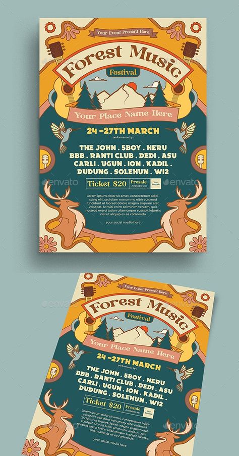 Forest Music Festival Flyer - Flyers Print Templates Colorful Flyer Design, Music Festival Poster Design Inspiration, Forest Poster Design, Music Festival Flyer, Camping Poster, Marketing Assistant, Forest Festival, Medieval Fair, Festival 2024