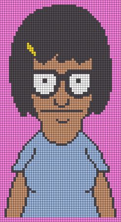 Tina Belcher Cross Stitch, Bobs Burgers Pixel Art Grid, Bobs Burgers Alpha Pattern, Bobs Burgers Pixel Art, Bobs Burgers Crochet, Bobs Burgers Cross Stitch, Alpha Tapestry, Bracelet Grids, Kuchi Kopi