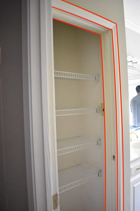 transforming a linen closet into a built-in with open shelving Open Bathroom Linen Closet, Linen Closet To Open Shelves, Linen Closet Renovation, Closet Pantry Makeover Small Spaces, Open Closet In Bathroom, Small Linen Closet Makeover, Open Bathroom Closet, Open Linen Closet In Bathroom, Bathroom Open Shelving Storage