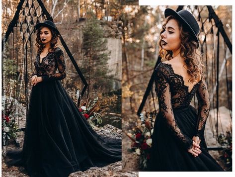 Black Wedding Dress Lace, Vintage Black Wedding, Wedding Dress Lace Long Sleeve, Black Lace Wedding Dress, Black Lace Wedding, Wedding Dress Black, Black Wedding Gowns, Plus Zise, Black Wedding Dress