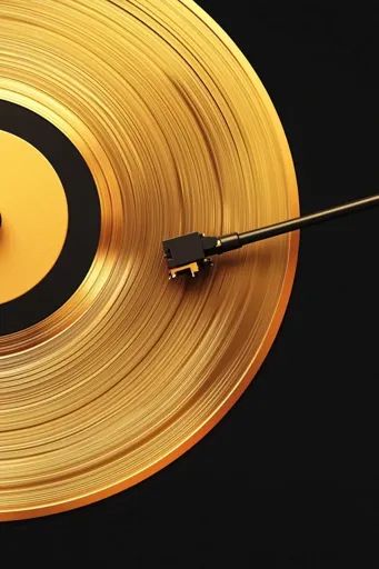 ↑↑↑ Larger size on website 🔸 A close-up of a golden vinyl record with a black tonearm resting on the edge of the record. The gold Center Labels, Turn Table Vinyl, Classic Music, On The Edge, The Gold, Vinyl Record, The Edge, Turntable, The Golden