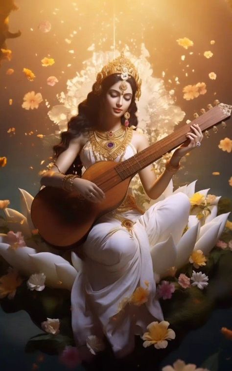 Godess Wallpaper Art, Spritual Wallpapers Aesthetic Hindu, Saraswati Goddess Aesthetic, Saraswati Devi Hd Wallpaper, Saraswati Goddess Hd Wallpaper, Saraswati Mata Hd Wallpapers, Saraswati Mata Wallpaper, Lord Saraswati, Saraswati Picture