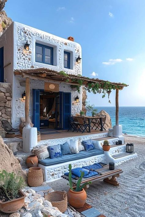 I love Europe ⚜️♥️⚜️ | Dream house in Santorini, Greece | Facebook Beach House Europe, Villas In Greece, Traditional Greek Island House, Santorini House Plan, Greece House Design Exterior, Mediterranean Vibes Aesthetic, Beach House Greece, Greece House Exterior, Greece Homes Interior