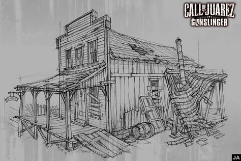 House in the "ghost town", Jula Arendt on ArtStation at https://www.artstation.com/artwork/X4AXa Call Of Juarez Gunslinger, Call Of Juarez, Cowboy Town, Town Drawing, Old West Saloon, Old Western Towns, Old West Town, Perspective Sketch, Western Books