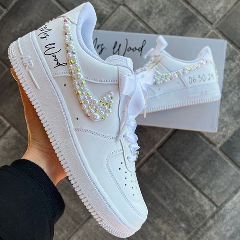 Wedding Bridal Air Force 1 wedding sneaker wedding shoe BRIDE Air Force 1 Wedding, Custom Air Force 1 Ideas, Air Force 1 Ideas, Sneaker Wedding, Quince Shoes, 18th Party, Wedding Shoes Sneakers, Bridal Sneakers, Bride Stuff