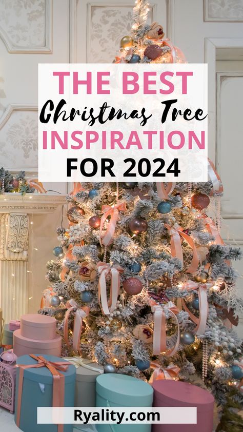 ahhh I love the aesthetic Christmas tree ideas! Love the pink themed Christmas tree ideas Pink Decor Christmas Tree Ideas, Christian Tree Ideas, Pastel Tree Christmas, Star Themed Christmas Tree, Love Shack Fancy Christmas Tree, Christmas Trees With Flowers, White Tree Decorating Ideas, Trendy Christmas Tree Decor Ideas, Floral Christmas Tree Ideas