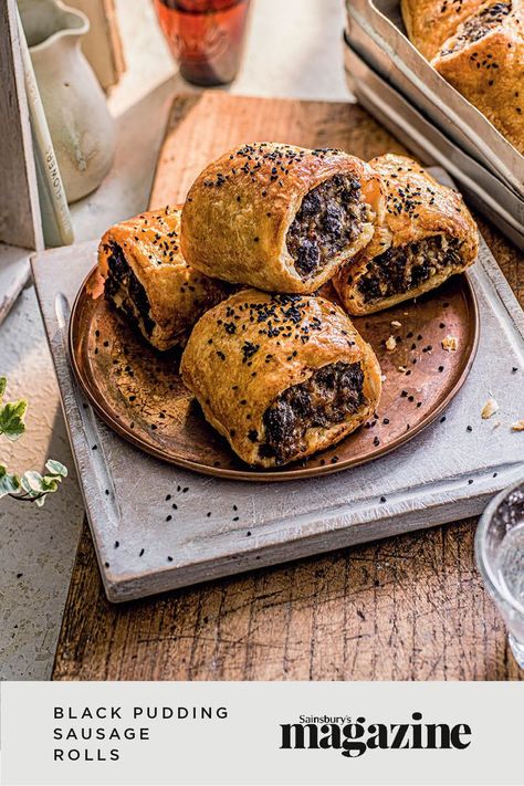 Black Pudding Starter, Black Pudding Sausage Rolls, English Sausage Rolls, Savoury Rolls, English Sausage Rolls British, Party Pies And Sausage Rolls Platter, Victorian Breakfast, Mary Berry Sausage Rolls, Yorkshire Pudding Wrap