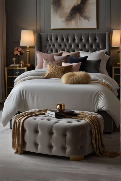 Bedroom With A Pop Of Color, Mixing Gold And Silver Decor Master Bedrooms, Contemporary Glam Interior Design, Glam House Decor, Industrial Glam Bedroom, Hollywood Bedroom Ideas, Main Bedroom Ideas Master Suite, Contemporary Glam Bedroom, Modern Chic Bedroom