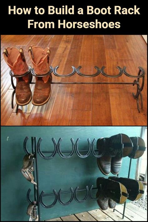 Metal Boot Rack, Hat Rack Made From Horse Shoes, Horse Shoe Boot Rack, Country Mudroom, Cowboy Boot Storage, Cowboy Boot Rack, Stick Welding Projects, Entryway Renovation, Welding Boots