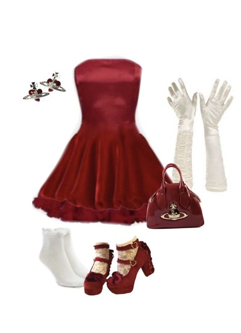 Fancy Red Dress Aesthetic, Queencore Outfits, Cute Outfits With Scarfs, Red Fancy Outfits, Descendants Inspired Outfits Red, Descendants Aesthetic Outfits, Descendants Outfit Ideas Red, Dark Red Outfit Ideas, How To Style A Red Dress