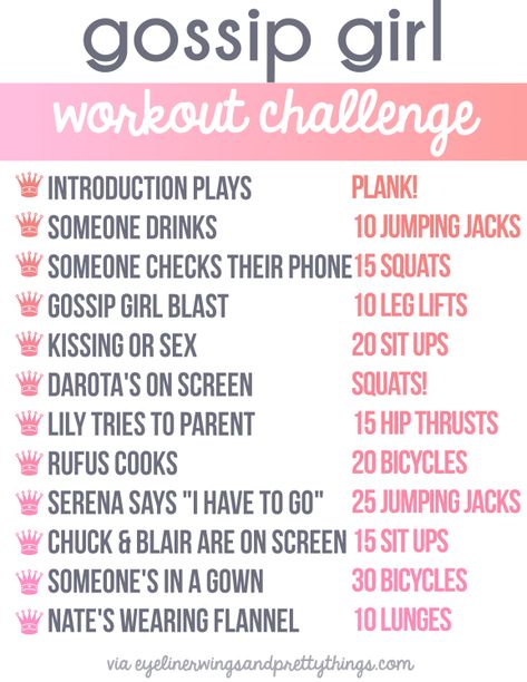 TV WORKOUTS - Gossip Girl Workout Challenge (CLICK FOR FREE PRINTABLE VERSION) // eyeliner wings & pretty things Gossip Girl Workout, Tv Show Workouts, Movie Workouts, Eyeliner Wings, Tv Workouts, Pretty Wings, Quotes Summer, Girl Workout, Friends Workout