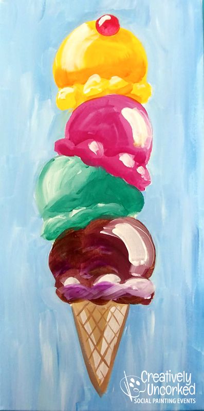 Ice Cream Cone Drawing, Ice Cream Painting, Cupcake Painting, Kids Canvas Art, Easy Canvas, Summer Painting, Kids Canvas, Easy Canvas Painting, Acrylic Painting Tutorials