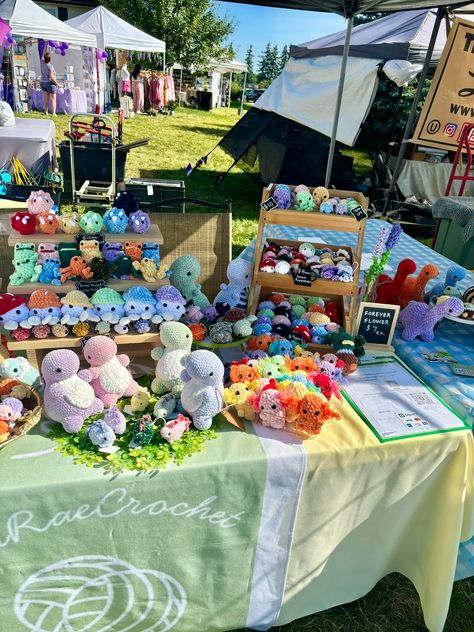 Market setup for my three-day market at Blake’s Lavender Festival! #crochet #marketingstrategy #marketprep #amigurumi #cute #plushies Crochet Vender Display, Crochet Market Display, Crochet Market Ideas, Crochet Market Setup, Crochet Booth, Market Stall Display Ideas, Market Setup, Market Crochet, Market Stall Display