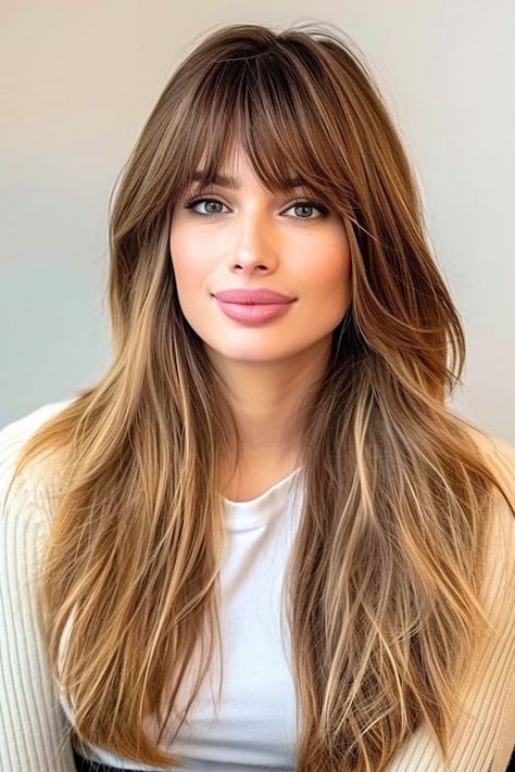 32 Gorgeous and Easy Long Hairstyles For Women - The Hairstyle Edit Long Hair Feathered Around Face, Face Framing Bangs Straight Hair, Long Feathered Hairstyles, Straight Long Hair With Bangs, Bangs With Layers Face Framing, Feathered Haircut, Long Fringe Hairstyles, Uk Hairstyles, Feathered Bangs