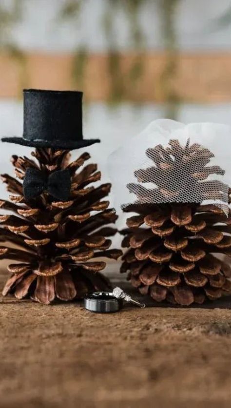 Creative representation of bride 👰 and groom 🤵 using pine cones 🌲 and wedding rings 💍 for a rustic wedding theme 🎉🌿. Winter Wedding Guest Book Ideas, Winter Wedding Party, Pine Cone Wedding, Diy Winter Wedding, Winter Wedding Table, Rustic Winter Wedding, January Wedding, 2025 Wedding, Diy Winter