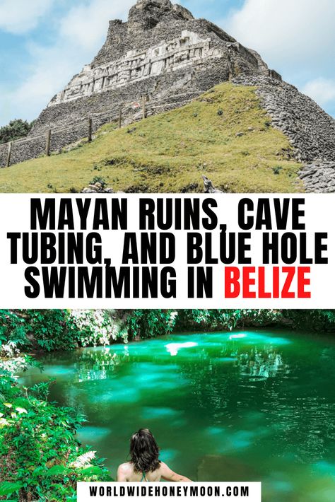 The ultimate Belize day trip | Things to do in Belize Travel | Xunantunich Belize | Xunantunich Mayan Ruins | Belize Caves | Belize Cave Tubing | Cave Tubing in Belize | St Hermans Blue Hole | Blue Hole Swimming | Cenotes Belize Belize Mayan Ruins, Belize Cave Tubing, Xunantunich Belize, Belize Trip, Things To Do In Belize, Belize Honeymoon, Travel Belize, Belize Vacation, Placencia Belize