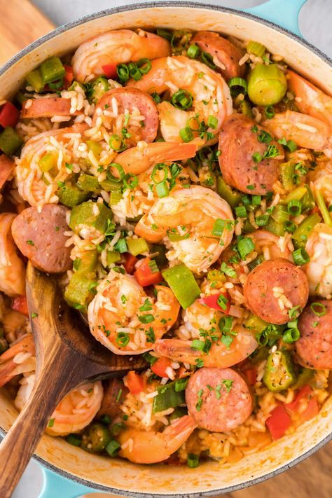 This easy jambalaya recipe starts with the holy trinity of onion, bell pepper, and celery that's combined with okra, shrimp, smoked sausage and fluffy white rice for a hearty one pot meal jam-packed with flavor. Jambalaya Rice Recipe, Okra Shrimp, Jambalaya Pasta Recipe, Easy Jambalaya Recipe, Easy Jambalaya, Homemade Jambalaya, Jambalaya Rice, Smoked Shrimp, Jambalaya Recipe Easy