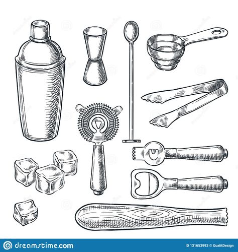 Illustration about Cocktail bar tools and equipment sketch illustration. Hand drawn icons and design elements for bartender work. Illustration of hand, food, bartender - 131653993 Cocktails Drawing, Tattoo Bar, Cocktail Tools, Drawn Icons, Cupcake Drawing, Cocktail Illustration, Hand Drawn Icons, Cocktail Book, Cocktail Art