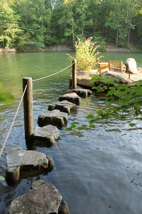 This would be probably the best addition to a back yard ever...if i ever lived on a lake or pond Rock Path, Taman Air, Lake Living, Enchanted Garden, A Park, Dream Garden, Garden Bridge, Land Scape, Water Features