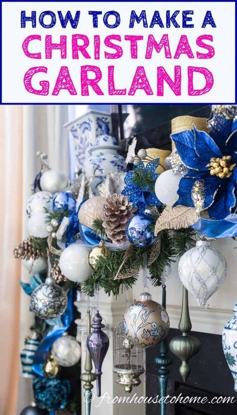 I LOVE this easy DIY Christmas garland tutorial! It has all the steps to create a beautiful garland over the fireplace mantle, including adding lights, ribbon and ornaments. #christmasdecorations #christmasdecordiy #christmasgarland #christmasfireplace Christmas Holidays Decorations, Fireplace Mantel Christmas, Christmas Fireplace Garland, White Christmas Garland, Diy Christmas Fireplace, Xmas Fireplace, Holidays Decorations, Garland Tutorial, Fireplace Garland