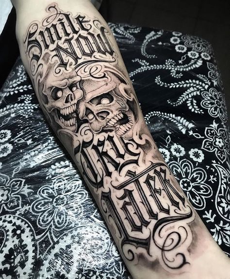 Chicano Tattoos Lettering, Leg Sleeve Tattoos, Smile Now Cry Later, Leg Tattoo Ideas, Chicanas Tattoo, Chicano Tattoos Sleeve, Tattoo Lettering Styles, Tattoo Cream, Full Sleeve Tattoo Design