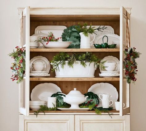 Heirloom Ceramic Party Bucket | Pottery Barn Christmas China Cabinet Decor, Christmas Hutch Decorating Ideas, Christmas Buffet Table Decor, Fine China Display, Christmas Hutch Decor, Dining Room Hutch Decor, Christmas Buffet Table, China Cabinet Decor, Christmas Hutch