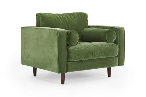 Draper Armchair | Velvet Grass Green | Mid Century Green Accent Chair With Ottoman, Green Velvet Armchair, Green Velvet Chair, Fireplace Room, Tufted Seat Cushion, Bolster Pillows, Fabric Chair, Stylish Curtains, Chair And A Half