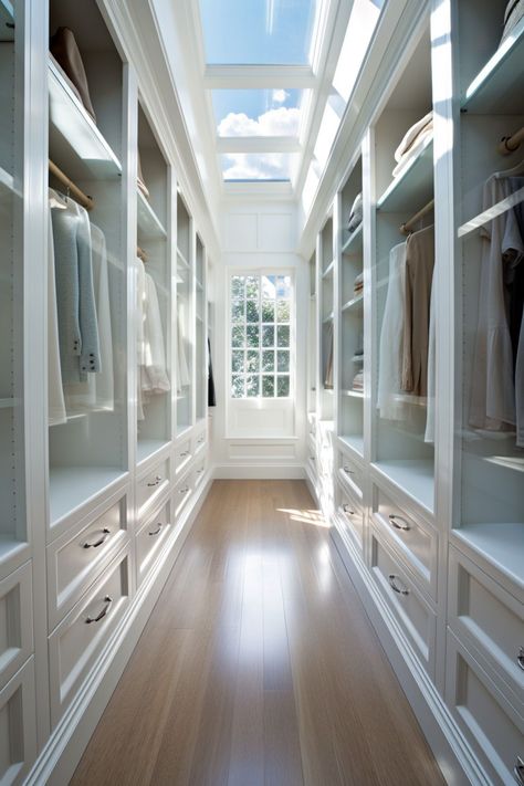 Bonus Room Walk In Closet, Long Narrow Walk In Closet Design, Walk In Closet From Bathroom, Long Narrow Dressing Room, Walk In Wardrobe Narrow, Long Narrow Closet Layout, One Sided Walk In Closet Ideas, Long Walkin Closet Ideas, Walk In Closet Size Layout Master Suite