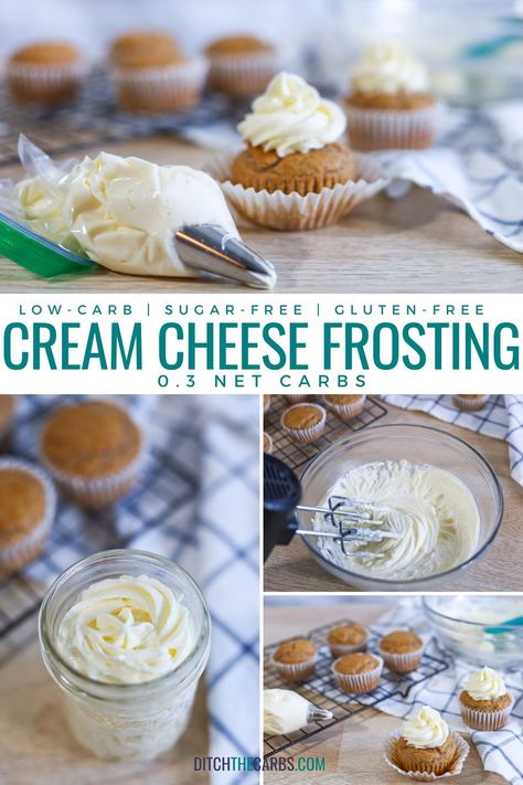 This soft and delicious keto cream cheese frosting is made with only 3 ingredients. There are six different flavors to use on any keto baking, keto cake, or keto cupcake. #lowcarbbaking #ketobaking #ketocakes #sugarfreebaking #healthydessert #sugarfreefrosting #ketofrosting Healthy Cream Cheese Icing, Cream Cheese Fristing, Keto Cream Cheese Frosting, Healthy Cream Cheese Frosting, Low Carb Cookie, Cheesecake Cupcake, Sugar Free Frosting, Healthy Cream Cheese, Easy Keto Desserts