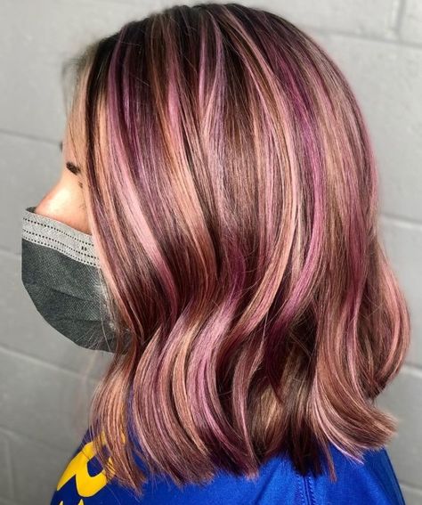 Purple Highlights In Light Brown Hair, Purple Highlights For Brown Hair, Hairstyles With Purple Highlights, Blonde And Purple Highlights, Hairstyles With Purple, Blonde And Purple, Dark Purple Highlights, Purple Blonde Hair, Purple Brown Hair