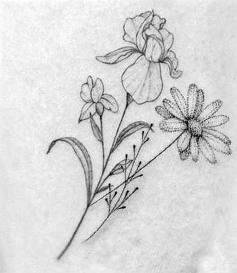 Iris And Daisy Flower Tattoo, Daisy Iris Tattoo, Daisy And Iris Tattoo, Minimalist Iris Flower Tattoo, Sweetpea And Daisy Tattoo, Violet And Daisy Flower Tattoo, Fine Line Iris Tattoo, Daisy Line Tattoo, Simple Iris Tattoo