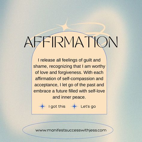 Release guilt and shame with affirmations for self-forgiveness! Like this post to affirm for yourself and let go of the past. Don't forget to check the link in bio for more self-love tips. #SelfForgiveness #ReleaseGuilt #ManifestationAffirmations #SelfCompassion #InnerPeace #LettingGo #SelfLove #Mindfulness #HealingJourney #EmotionalWellness #Empowerment #PositiveVibes #ManifestingMiracles #GoalDigger #SelfCare #PowerOfAffirmations #HealingProcess #ForgiveYourself #LoveAndForgiveness #Overc... Self Forgiving Affirmations, Quotes About Guilt And Shame, To Let Go Quotes, Forgiving Affirmations, Forgive Affirmations, Release Guilt Affirmations, Letting Go Of Shame, Shame Affirmations, Letting Go Affirmations