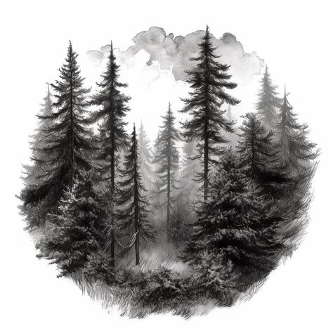 Bear With Trees Tattoo, Forest Scene Tattoo Design, Forest Background Tattoo, Forest Design Tattoo, Forest Mountain Tattoo Design, Black Forest Tattoo Design, Black And White Forest Drawing, Woods Tattoo Design, Tattoo Woods Forest