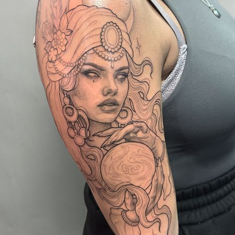 Progress shot of Jess’ fortune teller we started today ✨ I adore her already, thank you Jess, see you again next month! . #tattoo #tattoos #tattooartist #goddesstattoo #fortuneteller #fortunetellertattoo Sorceress Tattoo, Temperance Tarot Tattoo, Romani Tattoos, Psychic Tattoo, Romani Art, Fortune Teller Tattoo, Women Reference, Lady Tattoo, Magnolia Tattoo