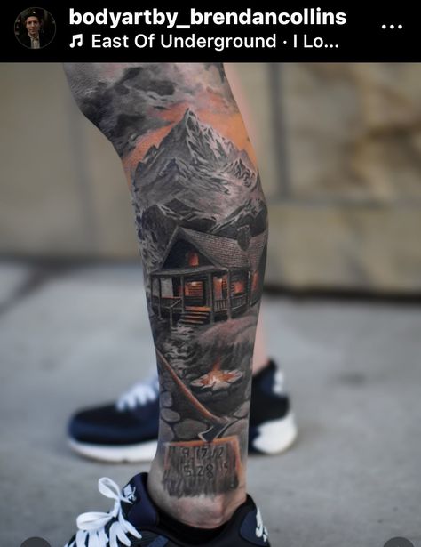 #legtattoo #cabin #tattoo #colortattto #fire #outdoors #legsleeve #tattoosformen #sleeve # mountain #mountains #clouds Cabin Tattoo, Cloud Tattoo Sleeve, Cloud Tattoo, Mountain Tattoo, Fire Mountain, Tattoo Ideas, Cabin, Instagram Photos, Photo And Video