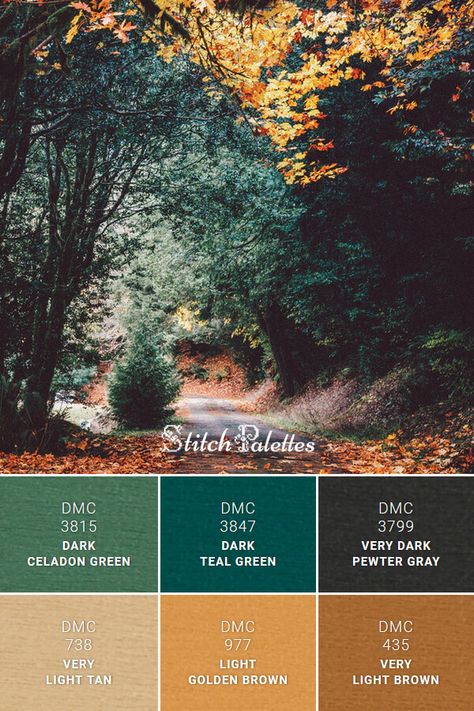 Floss color inspiration for cross stitch and embroidery projects. Thread colors used: DMC 3799: Very Dark Pewter Gray / DMC 3847: Dark Teal Green / DMC 3815: Dark Celadon Green / DMC 435: Very Light Brown / DMC 977: Light Golden Brown / DMC 738: Very Light Tan. Palette ID: SPA0279 Gold And Brown Colour Palette, Dark Green And Tan Color Palette, Teal Yellow Brown Color Palette, Green And Brass Color Palette, Teal Green Gold Color Palette, Teal Green Brown Color Palette, Green Gold Gray Color Palette, Forest Green And Teal Color Palettes, Green And Gold Palette Colour Schemes