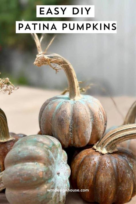 pumpkins, patina fall pumpkins, fall patina pumpkins, pumpkin diy, diy pumpkins with metal paint for fall. patina pumpkins diy with metal paint Metallic Pumpkins, Diy Halloween Tree, Paint Step By Step, Pumpkin Pottery, Burlap Pumpkins, Dollar Tree Pumpkins, Fall Pumpkin Crafts, Pumpkin Uses, Pumpkin Arrangements