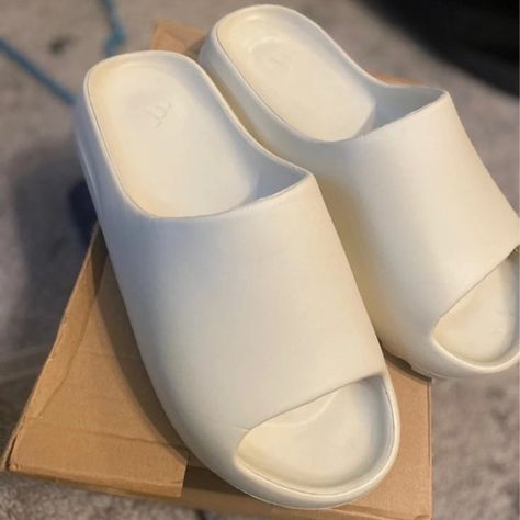 Yeezy slide Milky white, Slippers, fashion accessories, comfort White Yeezy Slides, White Slippers, White Slides, Yeezy Slides, Milky White, Try It, A Box, Slip On Sandal, Heeled Mules