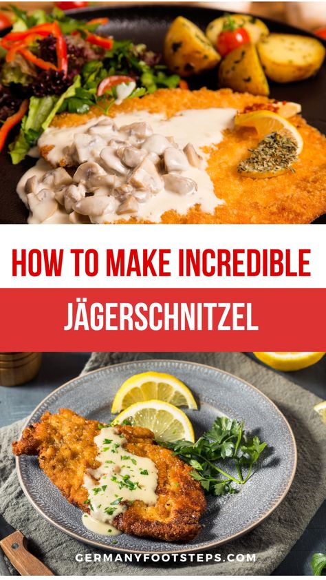 Learn all about the best and typical German Jägerschnitzel so you'll know exactly what to order when you are traveling in Germany. Learn the history of Jägerschnitzel and an authentic German Jägerschnitzel recipe from scratch Jager Schnitzel Recipe, Jager Schnitzel, Jagerschnitzel Recipe, Jaegerschnitzel Recipe, Jaeger Schnitzel, German Goulash, Schnitzel Recipe, Schnitzel Recipes, Veal Cutlet