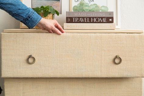 This IKEA hack might just be a favorite transformation! Turn an IKEA Tarva pine dresser into a high end look using fabric, adhesive, and new brass hardware. Ikea Grasscloth Hack, Grass Cloth Dresser Diy, Burlap Drawer Fronts, Diy For Bedroom, Ikea Instructions, White Wood Stain, Tarva Dresser, Ikea Tarva Dresser, White Wash Stain