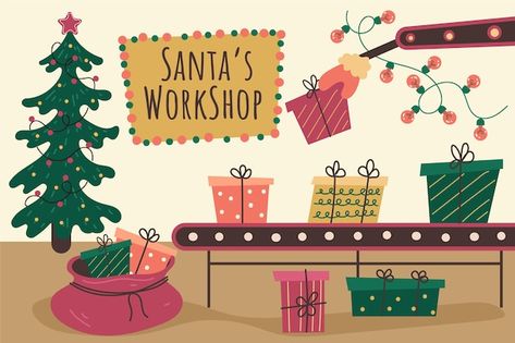 Santa Workshop Illustration, Santa's Workshop Illustration, Workshop Illustration, Santa Workshop, How To Draw Santa, Santa's Workshop, Children Book, Vector Hand, Book Ideas