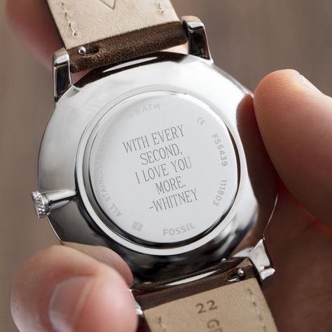 Gift someone you love with a personalized watch so every time they wear it, they'll think of you. ⌚😊 #personalizedwatch #menswatch #watch #personalized #thingsremembered #gift #giftidea #everythingspersonal Back Of Watch Engraving, Watch For Boyfriend Gift, Time Love Quotes Watch, Personalize Wedding Ideas, Watch Gift Quotes For Him, Time Quotes For Watch Gift, Watch Engraving Ideas For Boyfriend, 5 Year Anniversary Gift Ideas For Him, Anniversary Present Ideas