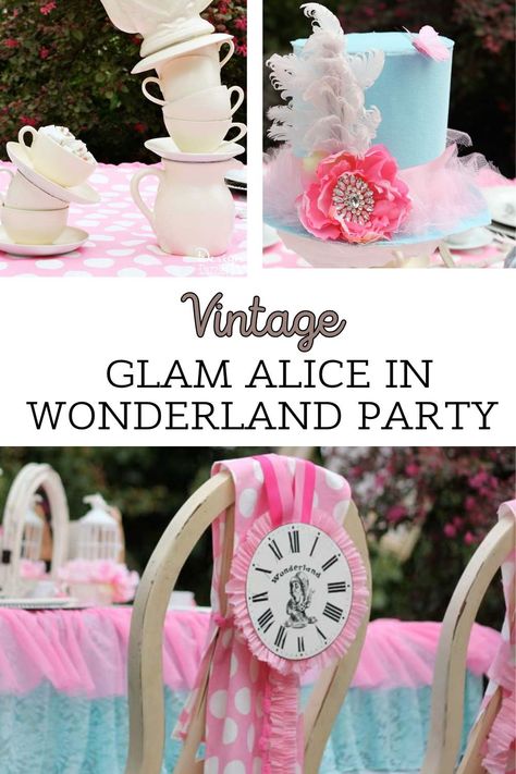 I enjoy creating and designing parties. This party was one of my favorites: the Vintage Glam Alice in Wonderland Party with colorful pastel colors and lots of DIY projects and repurposing ideas. Alice In Wonderland Pastel Colors, Alice In Wonderland Tea Party Theme, Alice In Wonderland Cocktail Party, Alice In Wonderland Adult Party Ideas, Very Merry Unbirthday Party Ideas, Queen Of Hearts Party Decorations, Vintage Alice In Wonderland Party, Alice In Wonderland Tea Party Decorations, Anastasia Birthday Party