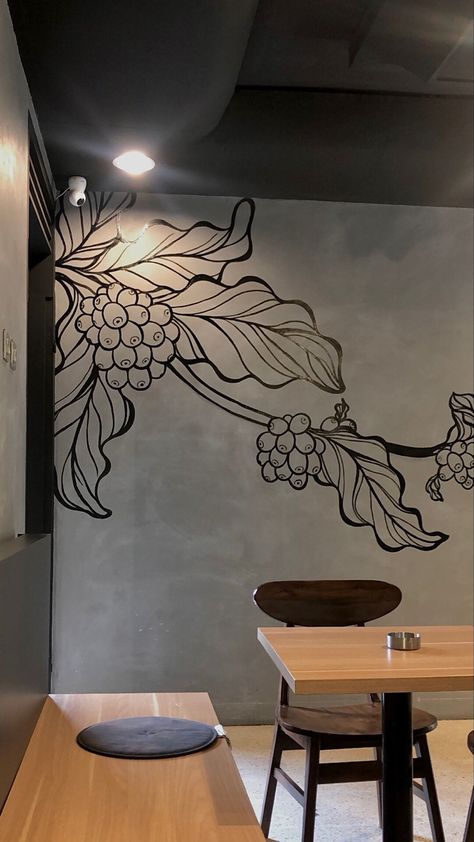 Coffee Plant Mural, Cafe Mural Ideas Coffee Shop, Coffee Mural Art, Cafe Mural Ideas, Cafe Wall Art Murals, Cafe Mural, Coffee Gallery, Simple Wall Paintings, Mural Cafe