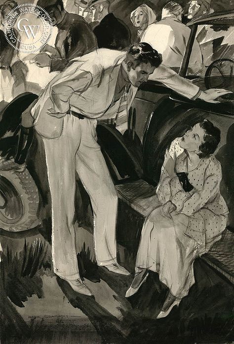 Brief Encounter, c. 1930s, California art by Hardie Gramatky. HD giclee art prints for sale at CaliforniaWatercolor.com - original California paintings, & premium giclee prints for sale 1900s Drawing, 1930 Illustration, 1930 Painting, Original Character, Edwardian Era Painting, 1930s Magazine Illustrations, Arches Watercolor Paper, Disney Artists, Photo Texture