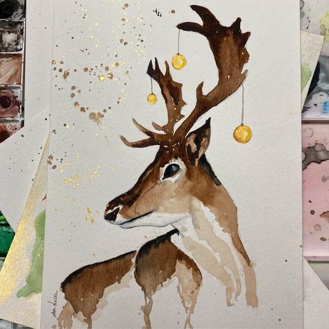 Crismas Cards Ideas, Homemade Cards Christmas, Christmas Watercolours, Christmas Cards Diy, Crafts Homemade, Painted Christmas Cards, Deer Painting, Christmas Artwork, Watercolor Paintings For Beginners