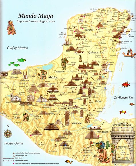 This beautiful map of Mayan cities - or Mundo Maya - shows all of the major ancient Maya cities and archaeological sites and is an excellent guide for planning your tour of the Mayan region. Tabasco Mexico, Mayan History, Ancient Mexico, Maya Ruins, Maya Civilization, Mayan Cities, Mexico History, Mayan Art, Ancient Maya