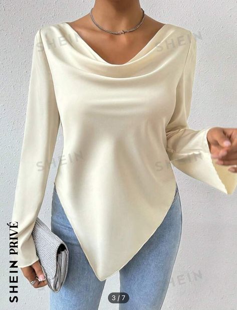 Classy Blouses, Hem Blouse, Asymmetrical Tops, Flared Sleeves, Elegant Woman, Teal Blue, Online Clothing, Cowl Neck, Apricot