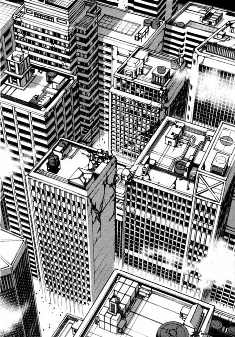 Black And White Manga Panels, Manga Building Background, Manga Cityscape, 2 Point Perspective Japanese City, Blame Manga Architecture, Anime Skyscraper Background, Anime Places, Perspective Drawing Architecture, Glowing Art